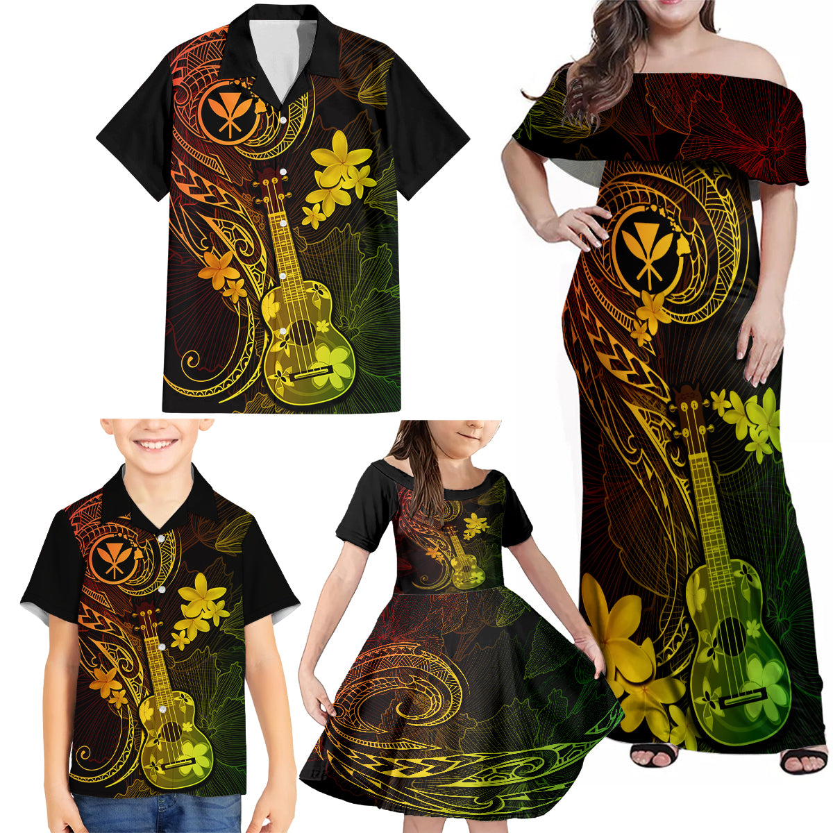 Hawaii Family Matching Off Shoulder Maxi Dress and Hawaiian Shirt Ukulele Mix Polynesian Plumeria Reggae Version LT14 - Polynesian Pride