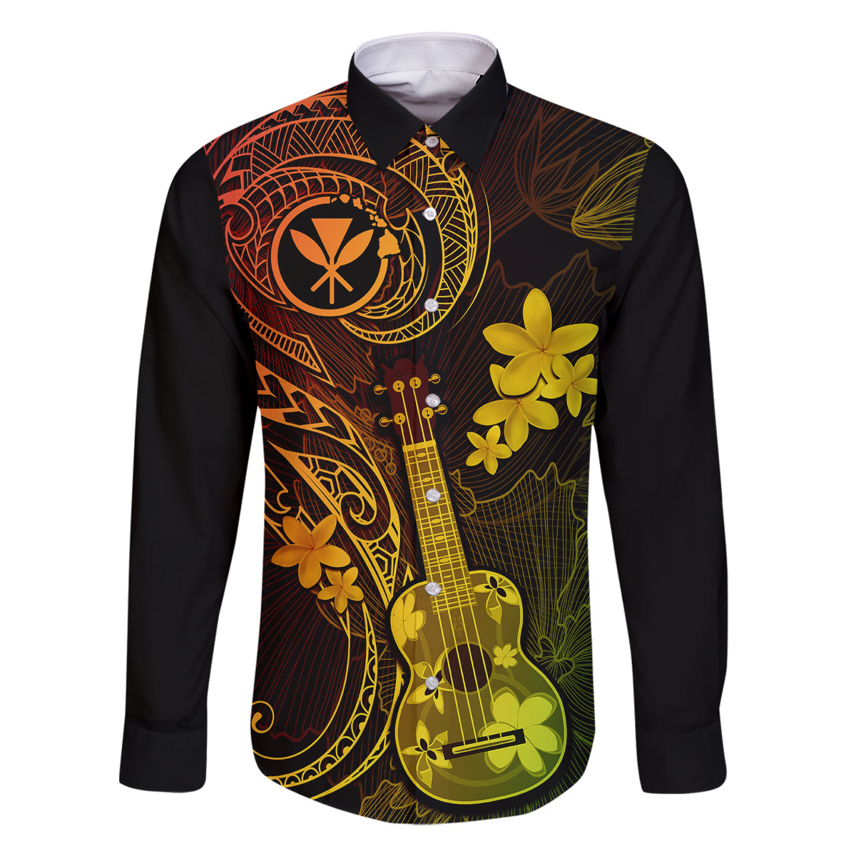 Hawaii Family Matching Off Shoulder Maxi Dress and Hawaiian Shirt Ukulele Mix Polynesian Plumeria Reggae Version LT14 Dad's Shirt - Long Sleeve Reggae - Polynesian Pride