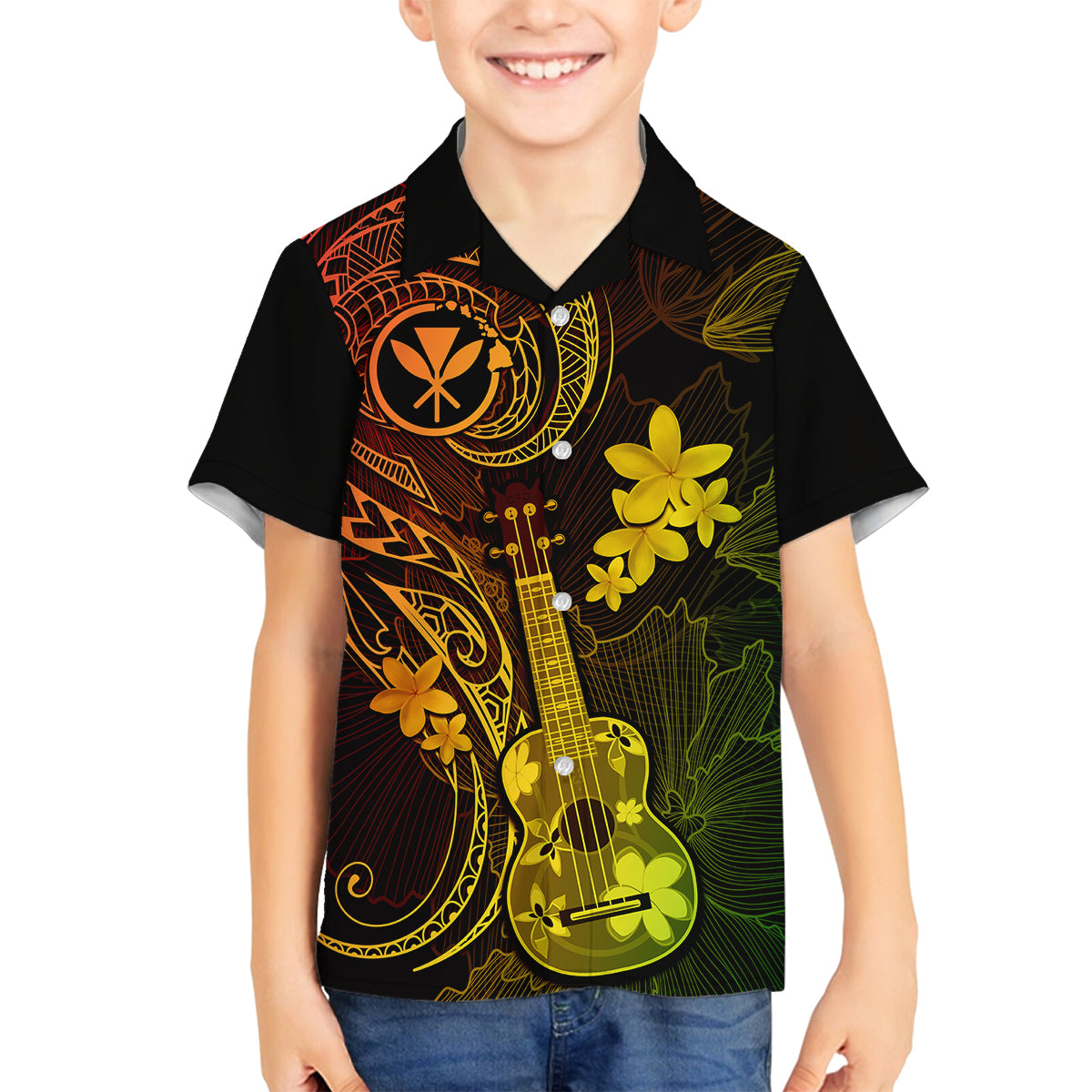 Hawaii Family Matching Off Shoulder Maxi Dress and Hawaiian Shirt Ukulele Mix Polynesian Plumeria Reggae Version LT14 Son's Shirt Reggae - Polynesian Pride