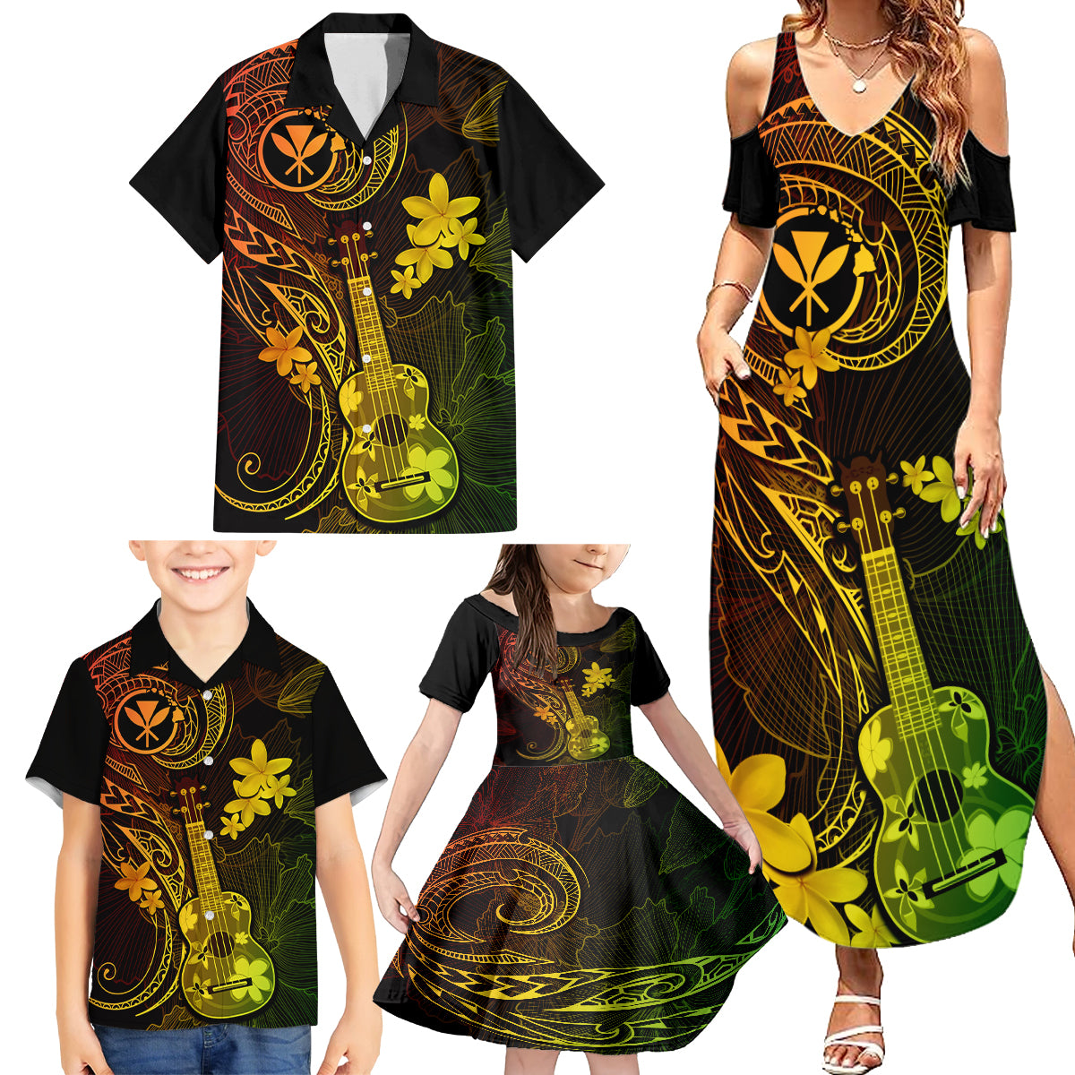 Hawaii Family Matching Summer Maxi Dress and Hawaiian Shirt Ukulele Mix Polynesian Plumeria Reggae Version LT14 - Polynesian Pride