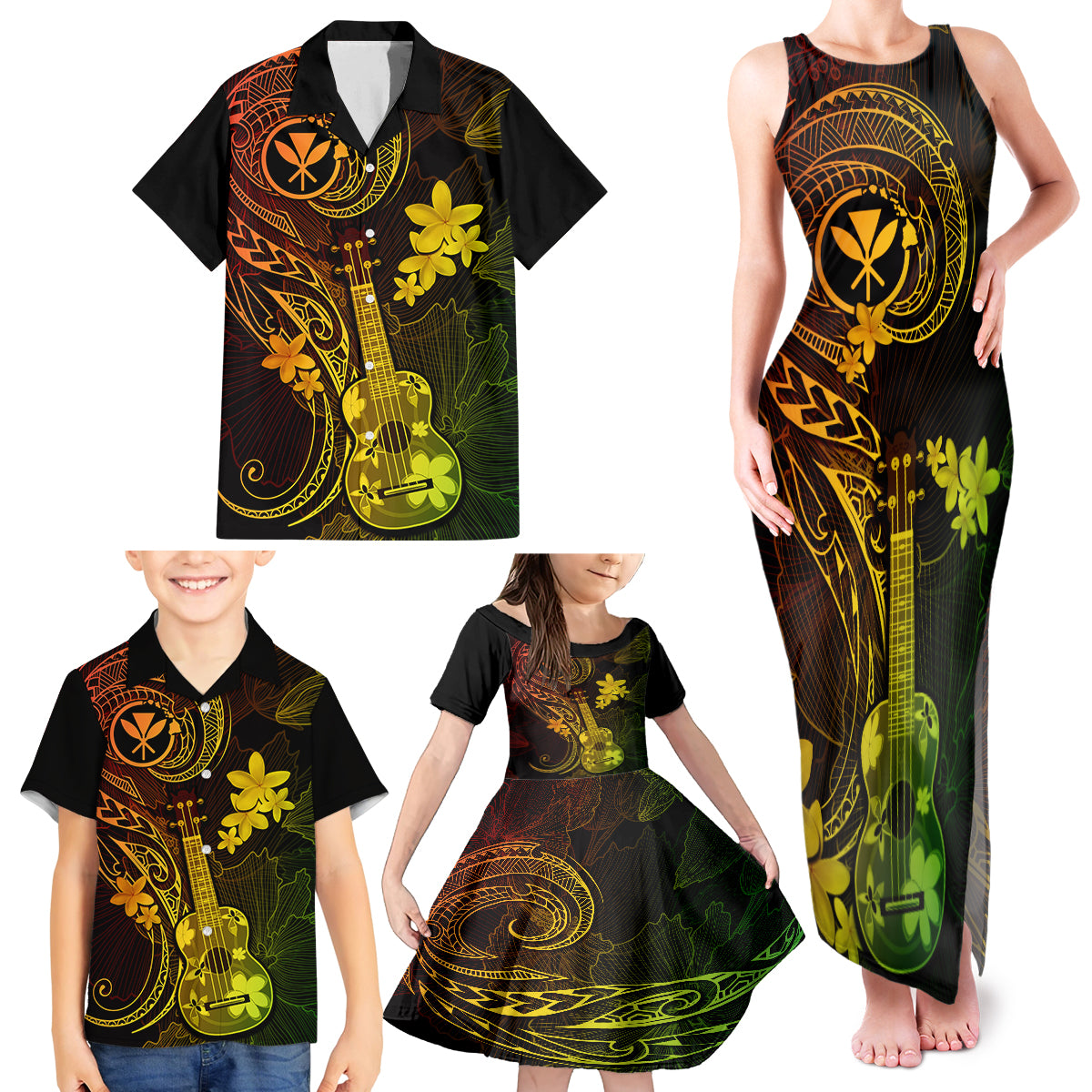 Hawaii Family Matching Tank Maxi Dress and Hawaiian Shirt Ukulele Mix Polynesian Plumeria Reggae Version LT14 - Polynesian Pride