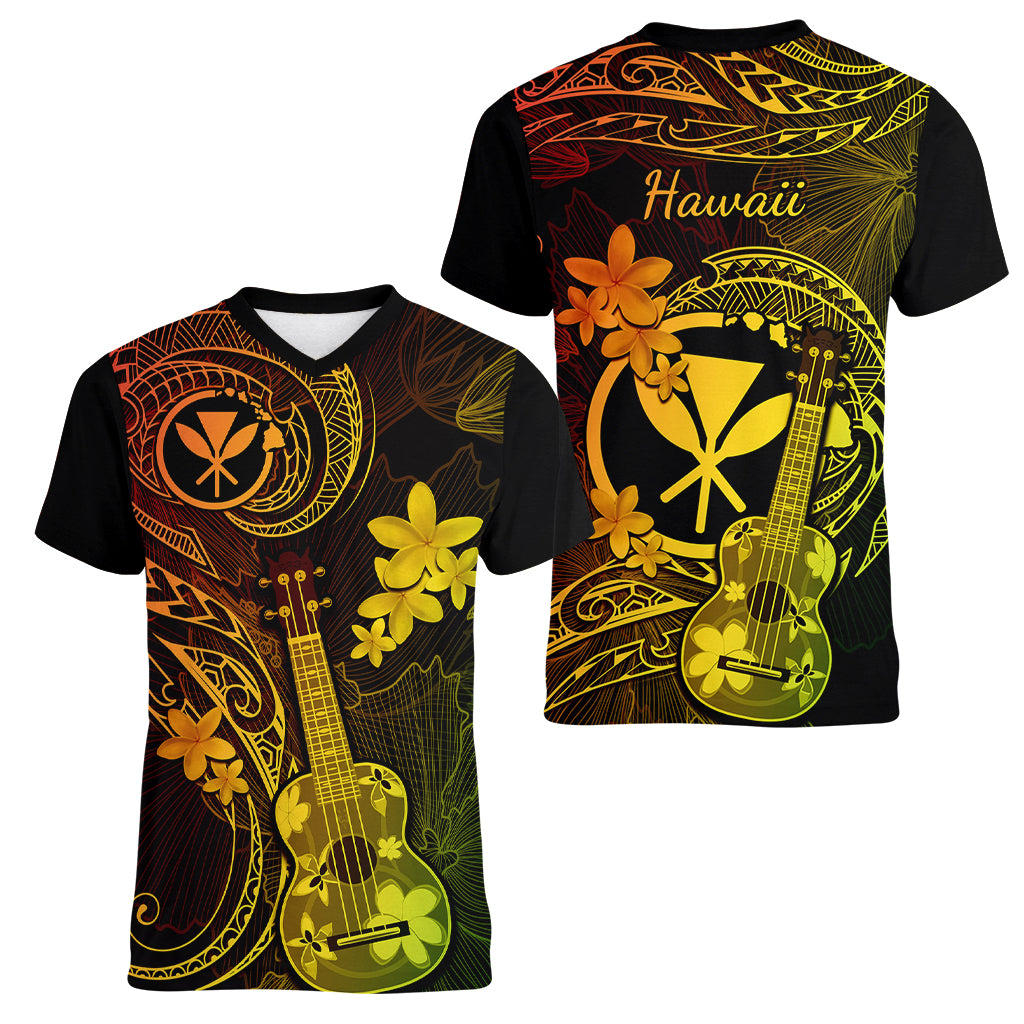 hawaii-women-v-neck-t-shirt-ukulele-mix-polynesian-plumeria-reggae-version