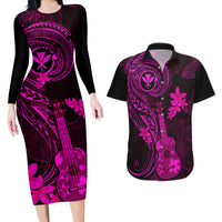 Hawaii Couples Matching Long Sleeve Bodycon Dress and Hawaiian Shirt Ukulele Mix Polynesian Plumeria Pink Version LT14 Pink - Polynesian Pride