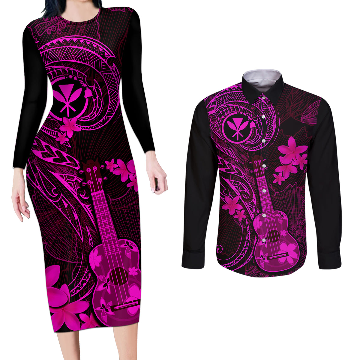 Hawaii Couples Matching Long Sleeve Bodycon Dress and Long Sleeve Button Shirts Ukulele Mix Polynesian Plumeria Pink Version LT14 Pink - Polynesian Pride