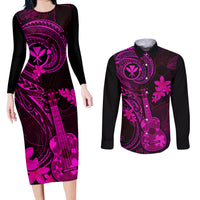 Hawaii Couples Matching Long Sleeve Bodycon Dress and Long Sleeve Button Shirts Ukulele Mix Polynesian Plumeria Pink Version LT14 Pink - Polynesian Pride