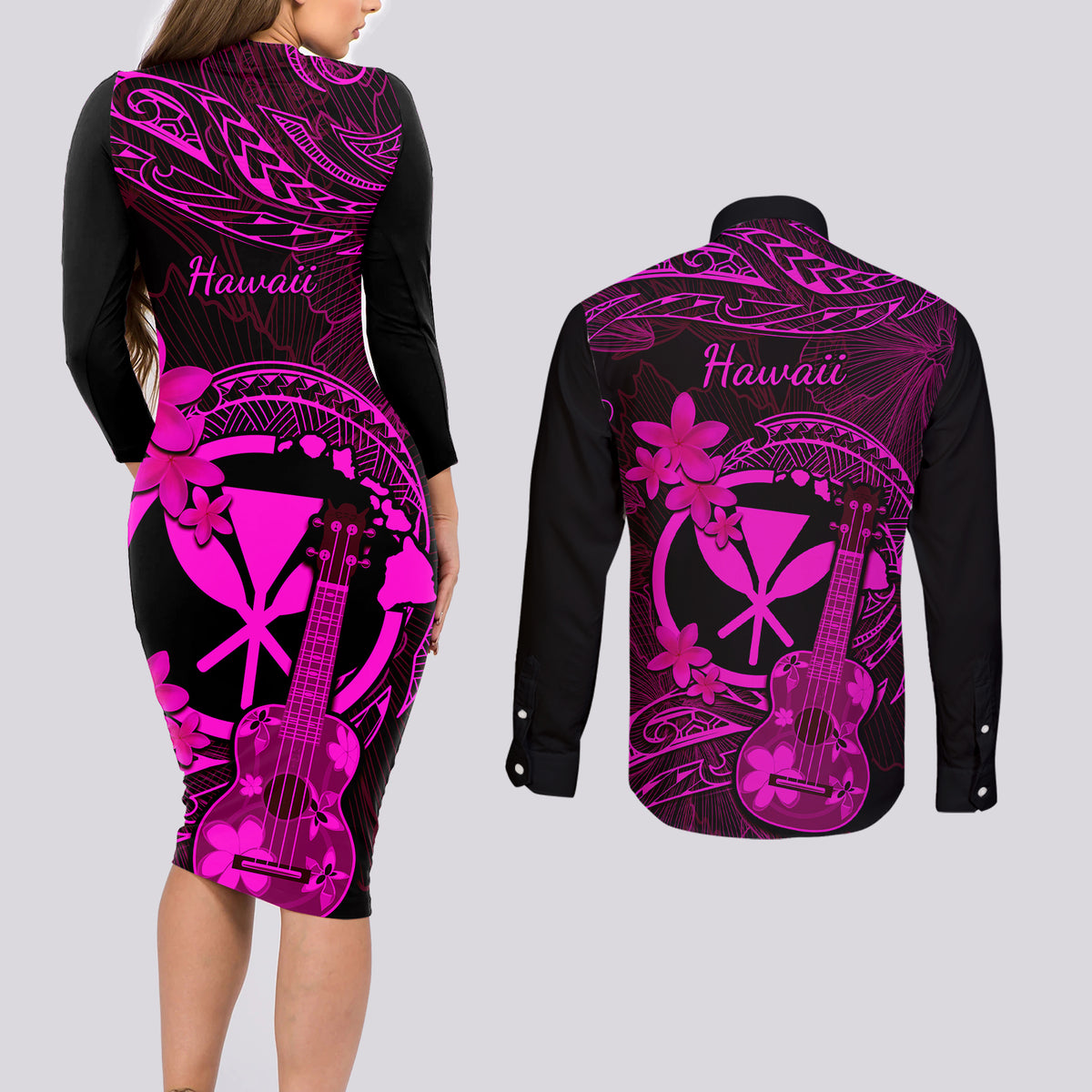 Hawaii Couples Matching Long Sleeve Bodycon Dress and Long Sleeve Button Shirts Ukulele Mix Polynesian Plumeria Pink Version LT14 - Polynesian Pride