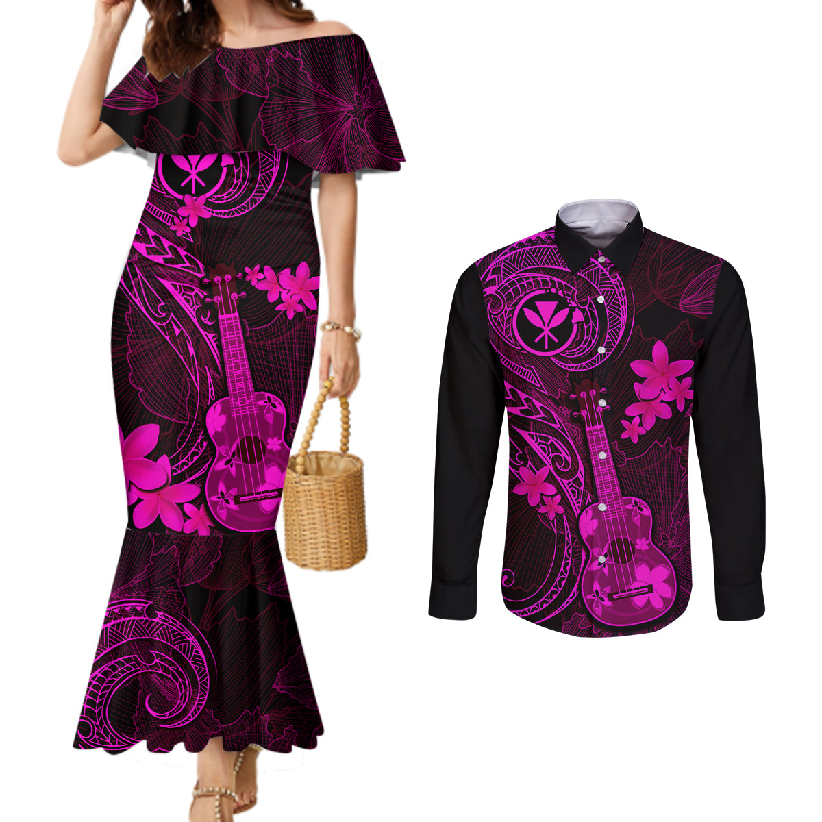 hawaii-couples-matching-mermaid-dress-and-long-sleeve-button-shirts-ukulele-mix-polynesian-plumeria-pink-version