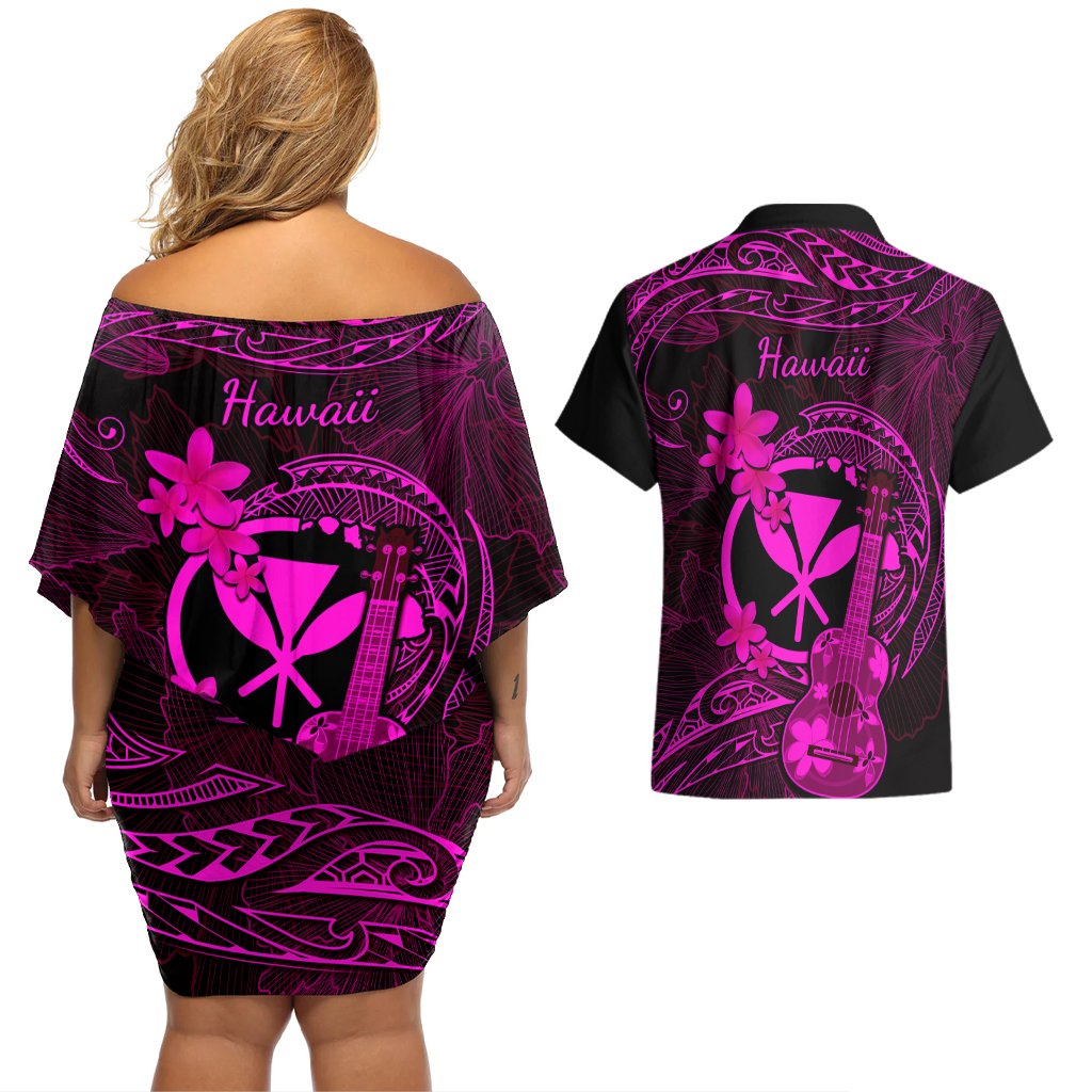 Hawaii Couples Matching Off Shoulder Short Dress and Hawaiian Shirt Ukulele Mix Polynesian Plumeria Pink Version LT14 - Polynesian Pride