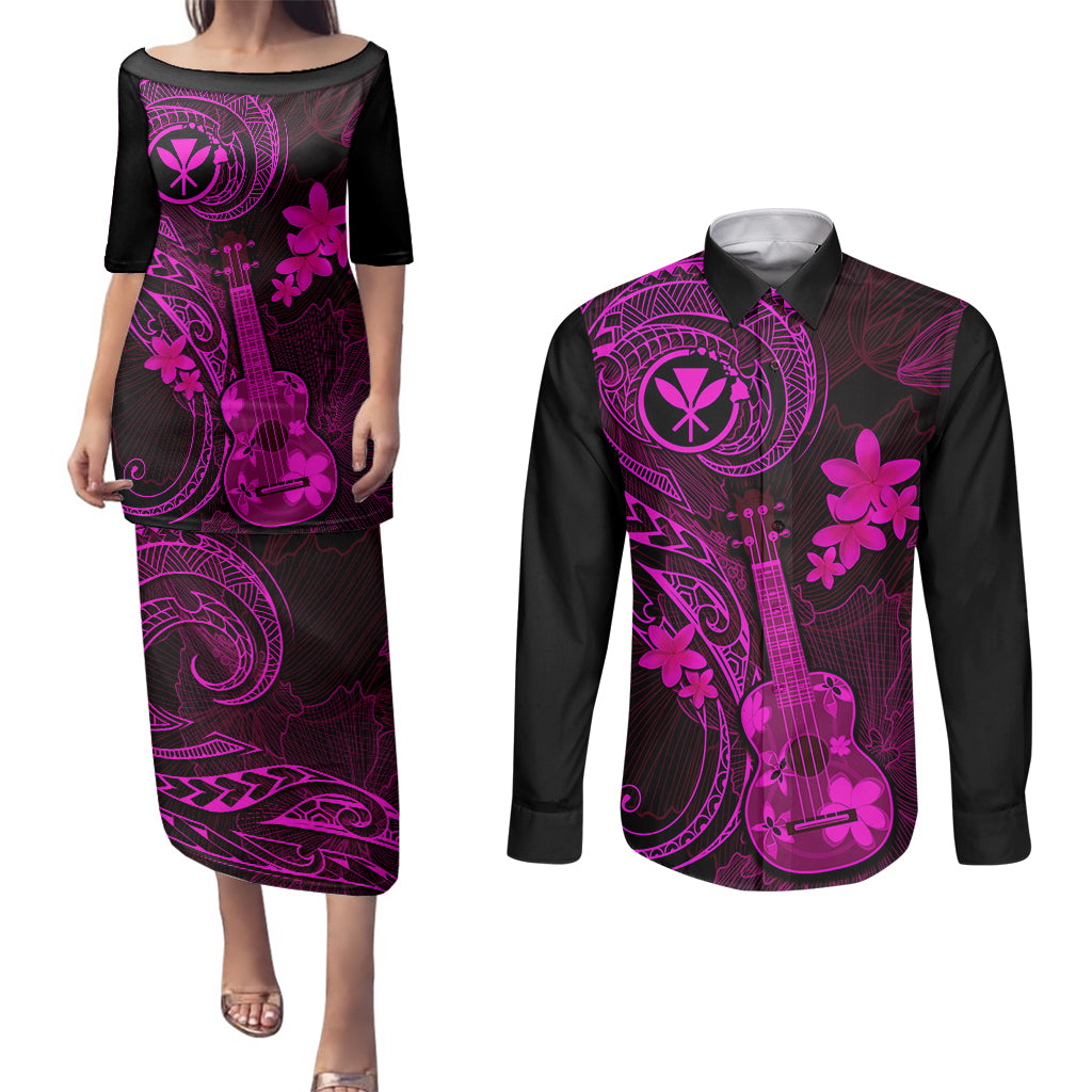 hawaii-couples-matching-puletasi-dress-and-long-sleeve-button-shirts-ukulele-mix-polynesian-plumeria-pink-version