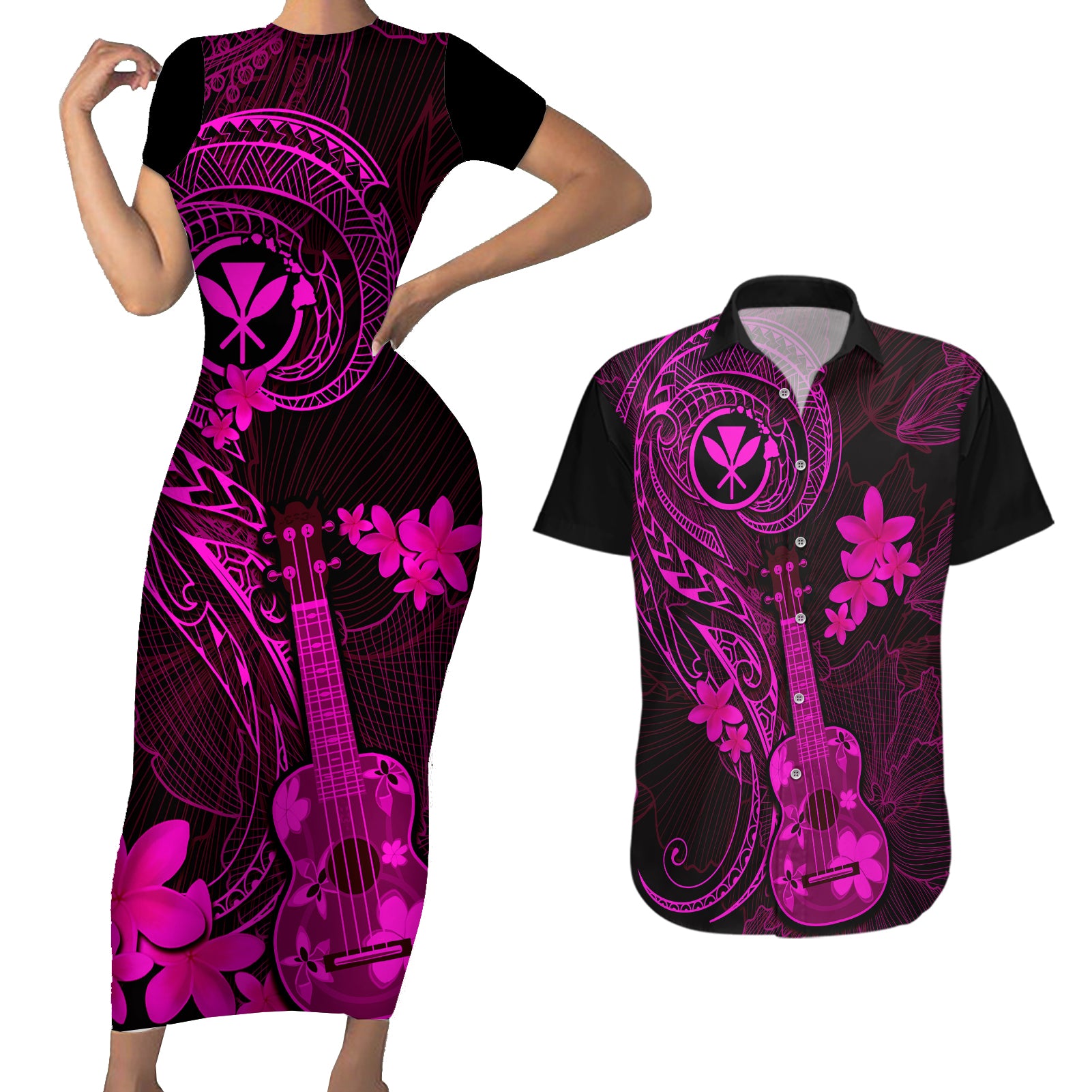 hawaii-couples-matching-short-sleeve-bodycon-dress-and-hawaiian-shirt-ukulele-mix-polynesian-plumeria-pink-version