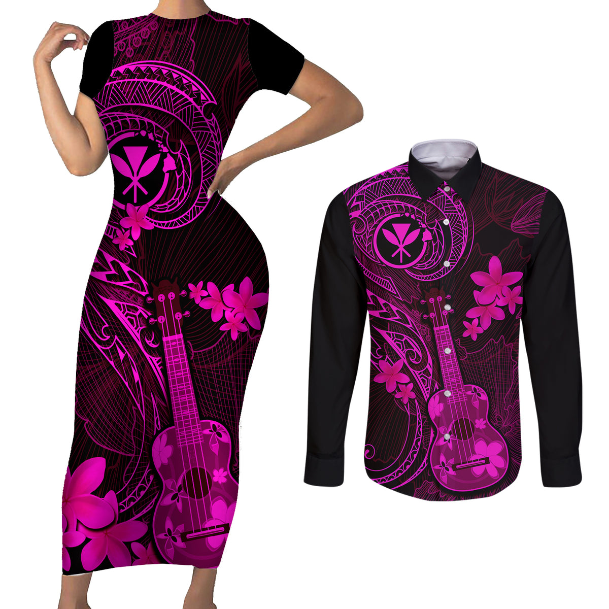 Hawaii Couples Matching Short Sleeve Bodycon Dress and Long Sleeve Button Shirts Ukulele Mix Polynesian Plumeria Pink Version LT14 Pink - Polynesian Pride