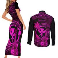 Hawaii Couples Matching Short Sleeve Bodycon Dress and Long Sleeve Button Shirts Ukulele Mix Polynesian Plumeria Pink Version LT14 - Polynesian Pride