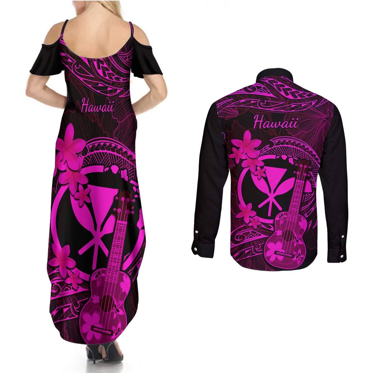 hawaii-couples-matching-summer-maxi-dress-and-long-sleeve-button-shirts-ukulele-mix-polynesian-plumeria-pink-version