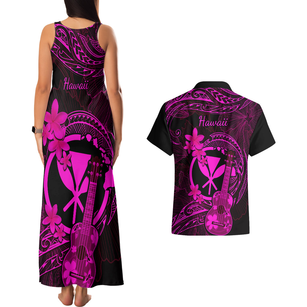 Hawaii Couples Matching Tank Maxi Dress and Hawaiian Shirt Ukulele Mix Polynesian Plumeria Pink Version LT14 - Polynesian Pride