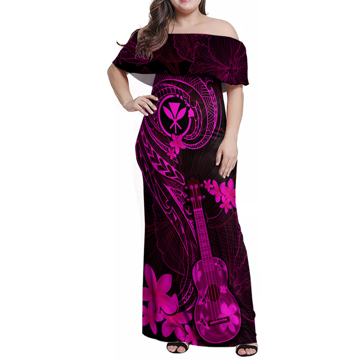 Hawaii Family Matching Off Shoulder Maxi Dress and Hawaiian Shirt Ukulele Mix Polynesian Plumeria Pink Version LT14 Mom's Dress Pink - Polynesian Pride