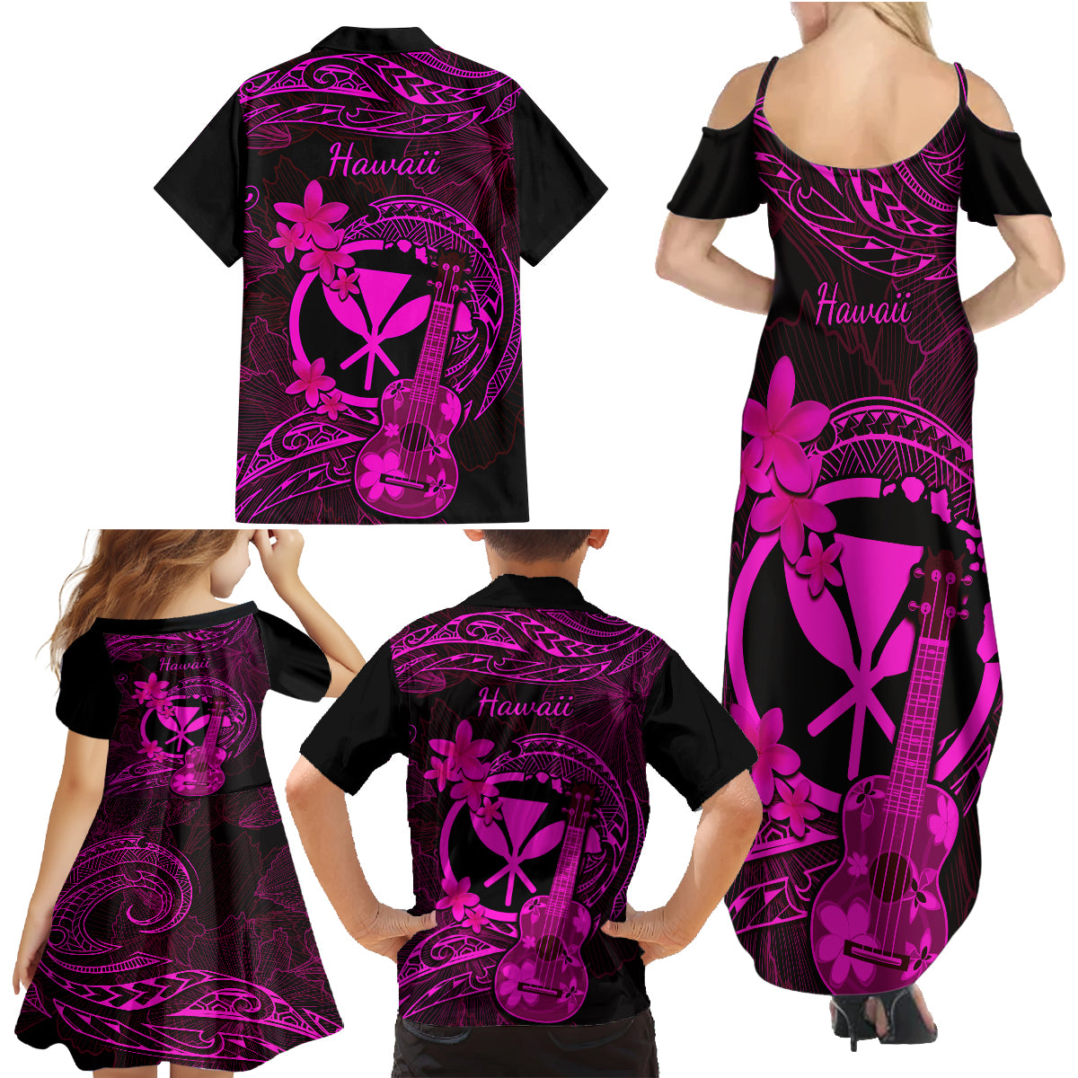 Hawaii Family Matching Summer Maxi Dress and Hawaiian Shirt Ukulele Mix Polynesian Plumeria Pink Version LT14 - Polynesian Pride