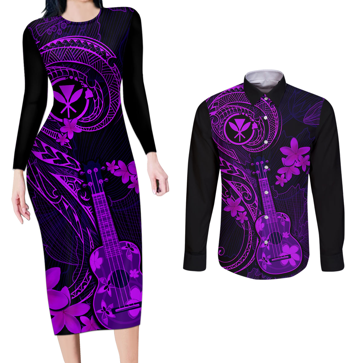 Hawaii Couples Matching Long Sleeve Bodycon Dress and Long Sleeve Button Shirts Ukulele Mix Polynesian Plumeria Purple Version LT14 Purple - Polynesian Pride
