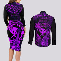 Hawaii Couples Matching Long Sleeve Bodycon Dress and Long Sleeve Button Shirts Ukulele Mix Polynesian Plumeria Purple Version LT14 - Polynesian Pride