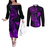 Hawaii Couples Matching Off The Shoulder Long Sleeve Dress and Long Sleeve Button Shirts Ukulele Mix Polynesian Plumeria Purple Version LT14 Purple - Polynesian Pride