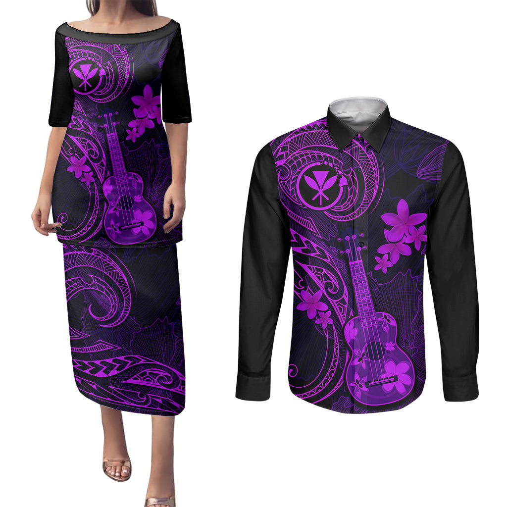Hawaii Couples Matching Puletasi Dress and Long Sleeve Button Shirts Ukulele Mix Polynesian Plumeria Purple Version LT14 Purple - Polynesian Pride