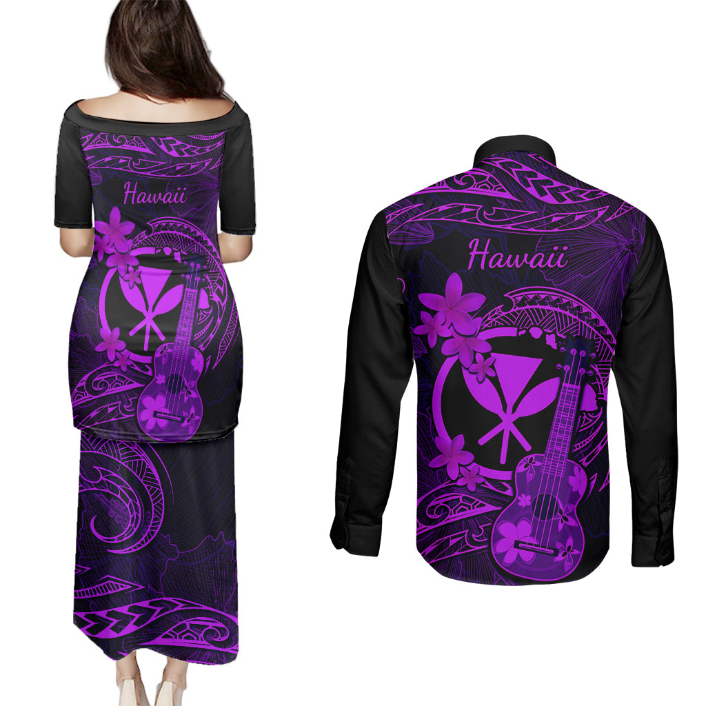 Hawaii Couples Matching Puletasi Dress and Long Sleeve Button Shirts Ukulele Mix Polynesian Plumeria Purple Version LT14 - Polynesian Pride