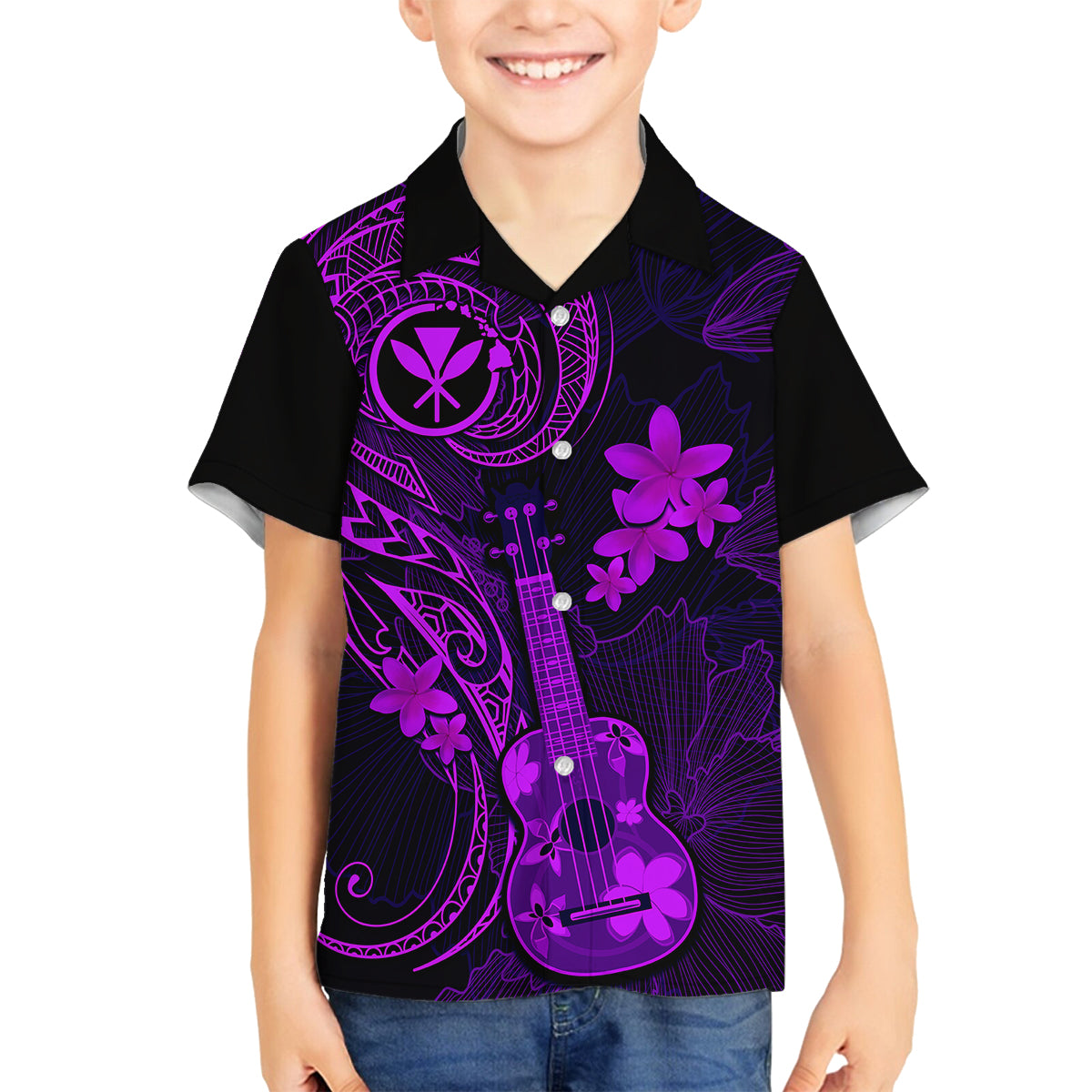 Hawaii Kid Hawaiian Shirt Ukulele Mix Polynesian Plumeria Purple Version LT14 - Polynesian Pride