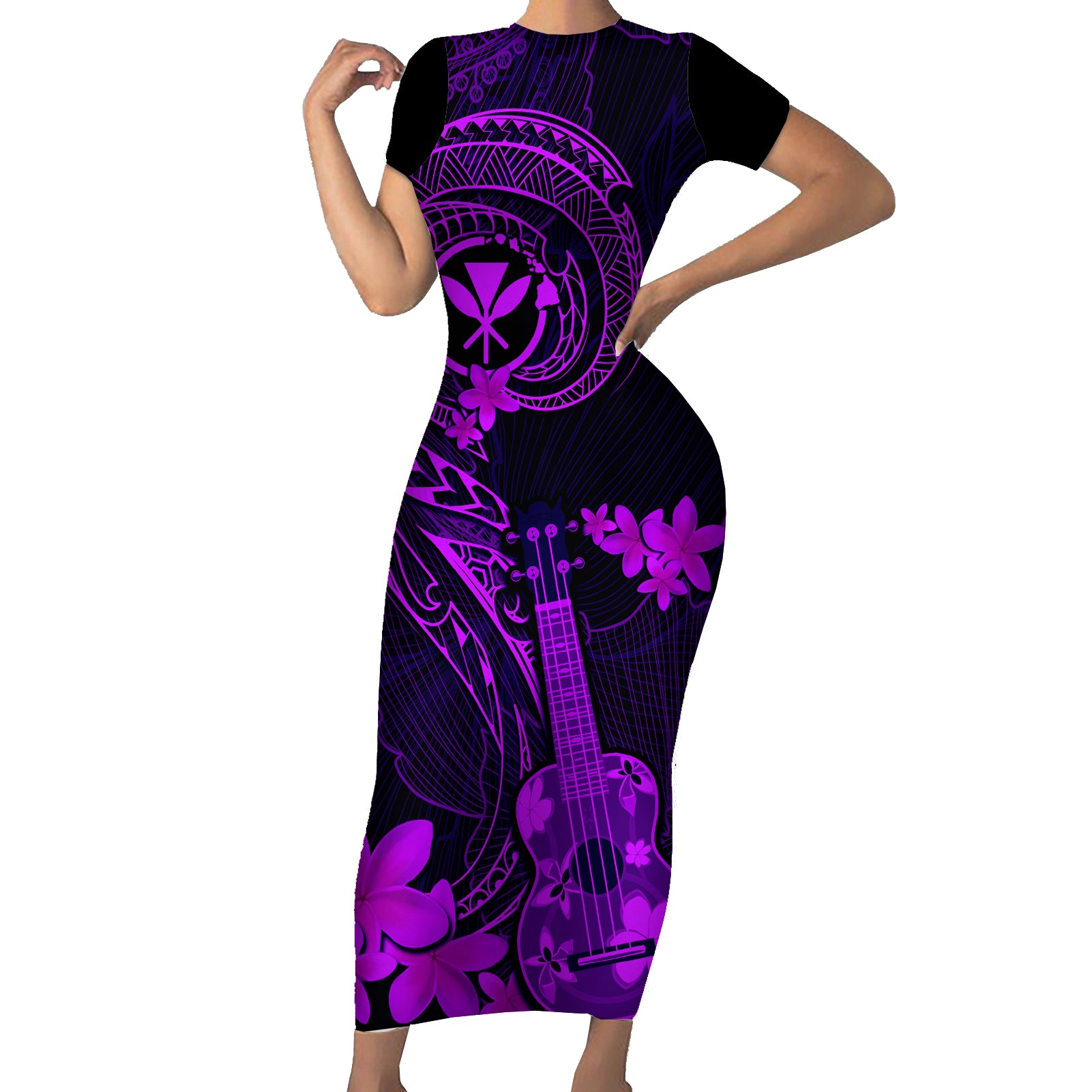 hawaii-short-sleeve-bodycon-dress-ukulele-mix-polynesian-plumeria-purple-version