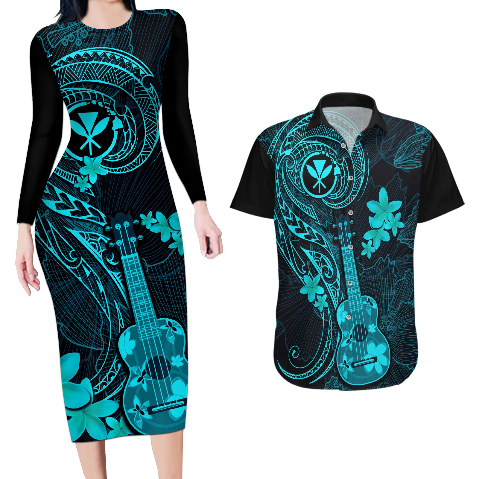 Hawaii Couples Matching Long Sleeve Bodycon Dress and Hawaiian Shirt Ukulele Mix Polynesian Plumeria Turquoise Version LT14 Turquoise - Polynesian Pride