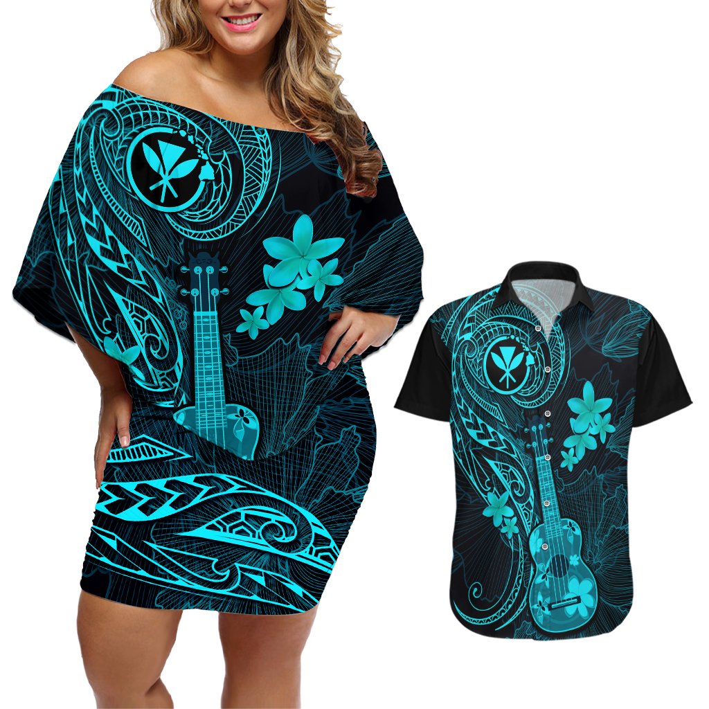 Hawaii Couples Matching Off Shoulder Short Dress and Hawaiian Shirt Ukulele Mix Polynesian Plumeria Turquoise Version LT14 Turquoise - Polynesian Pride