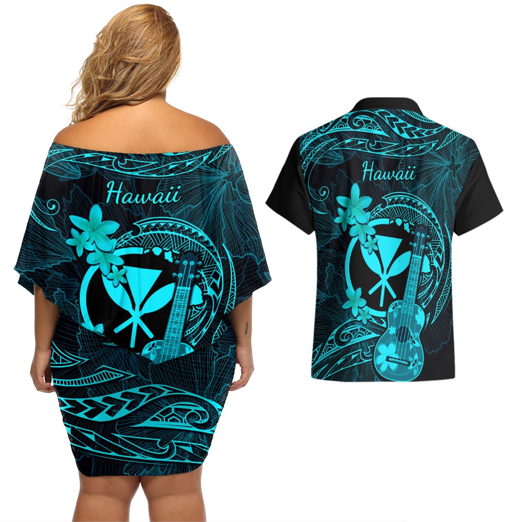 Hawaii Couples Matching Off Shoulder Short Dress and Hawaiian Shirt Ukulele Mix Polynesian Plumeria Turquoise Version LT14 - Polynesian Pride