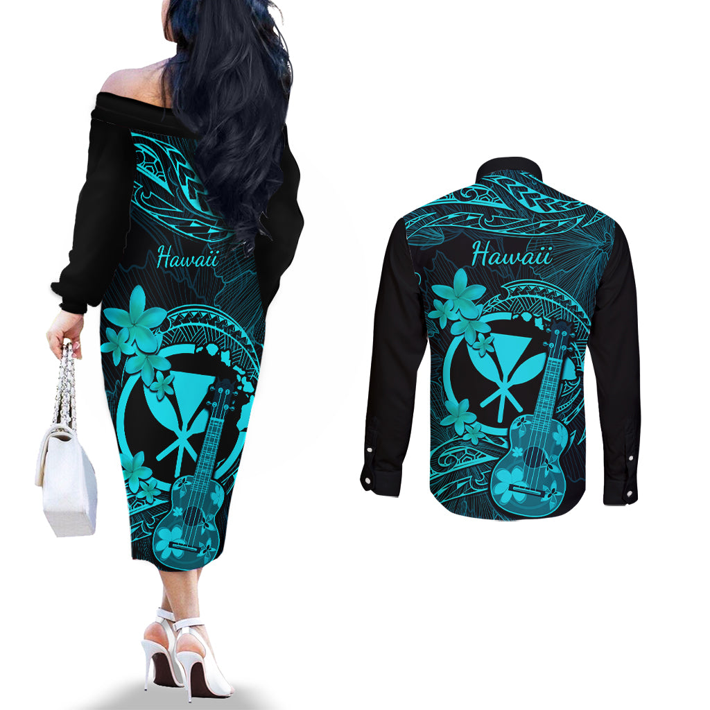 Hawaii Couples Matching Off The Shoulder Long Sleeve Dress and Long Sleeve Button Shirts Ukulele Mix Polynesian Plumeria Turquoise Version LT14 - Polynesian Pride