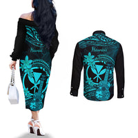 Hawaii Couples Matching Off The Shoulder Long Sleeve Dress and Long Sleeve Button Shirts Ukulele Mix Polynesian Plumeria Turquoise Version LT14 - Polynesian Pride