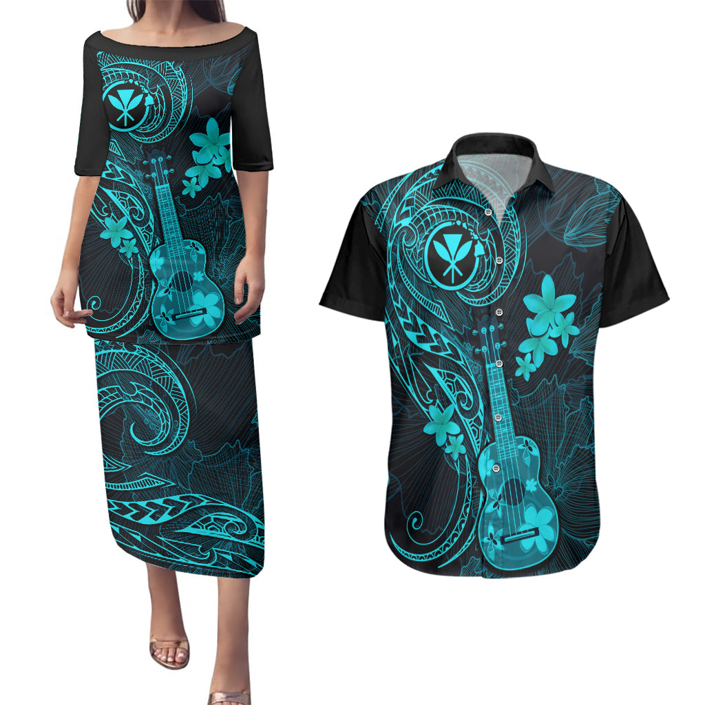 Hawaii Couples Matching Puletasi Dress and Hawaiian Shirt Ukulele Mix Polynesian Plumeria Turquoise Version LT14 Turquoise - Polynesian Pride