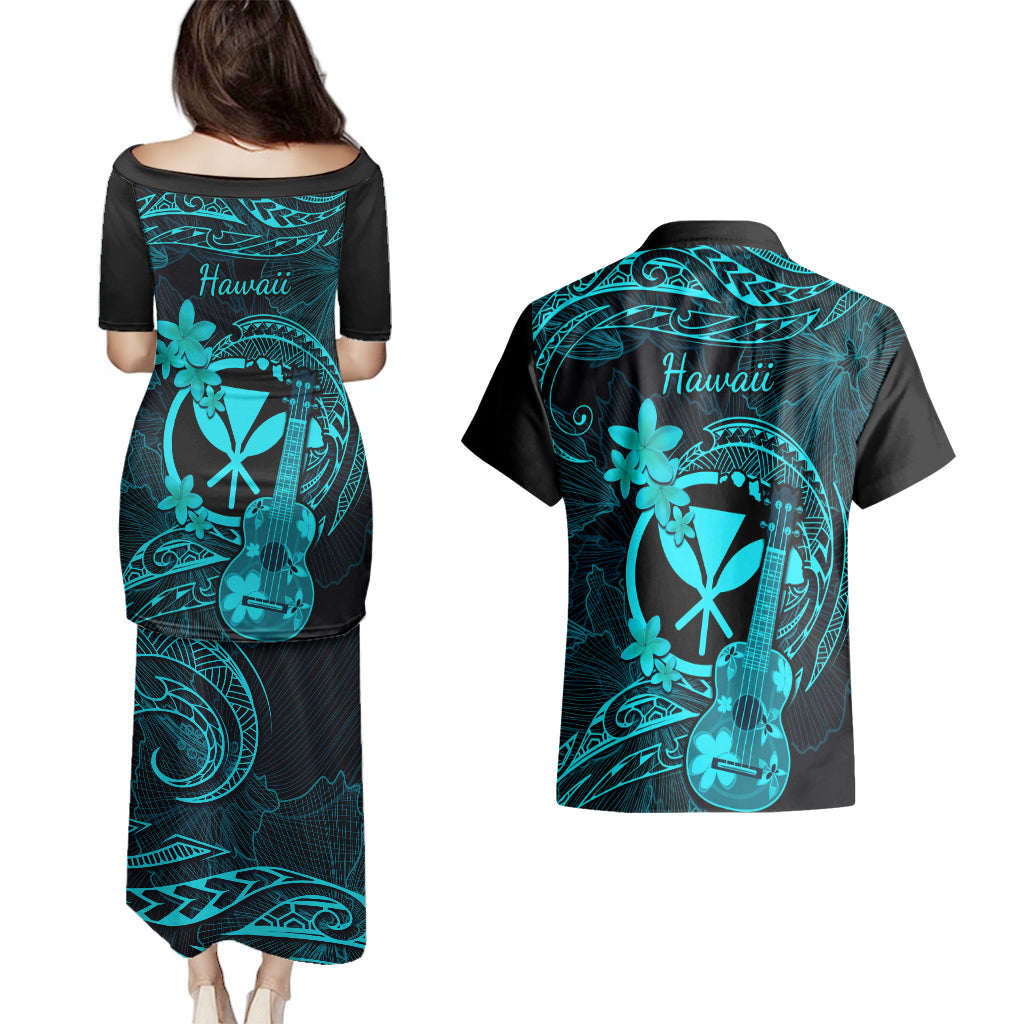 Hawaii Couples Matching Puletasi Dress and Hawaiian Shirt Ukulele Mix Polynesian Plumeria Turquoise Version LT14 - Polynesian Pride