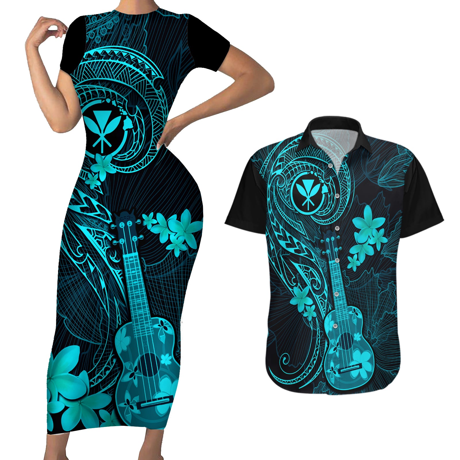 hawaii-couples-matching-short-sleeve-bodycon-dress-and-hawaiian-shirt-ukulele-mix-polynesian-plumeria-turquoise-version