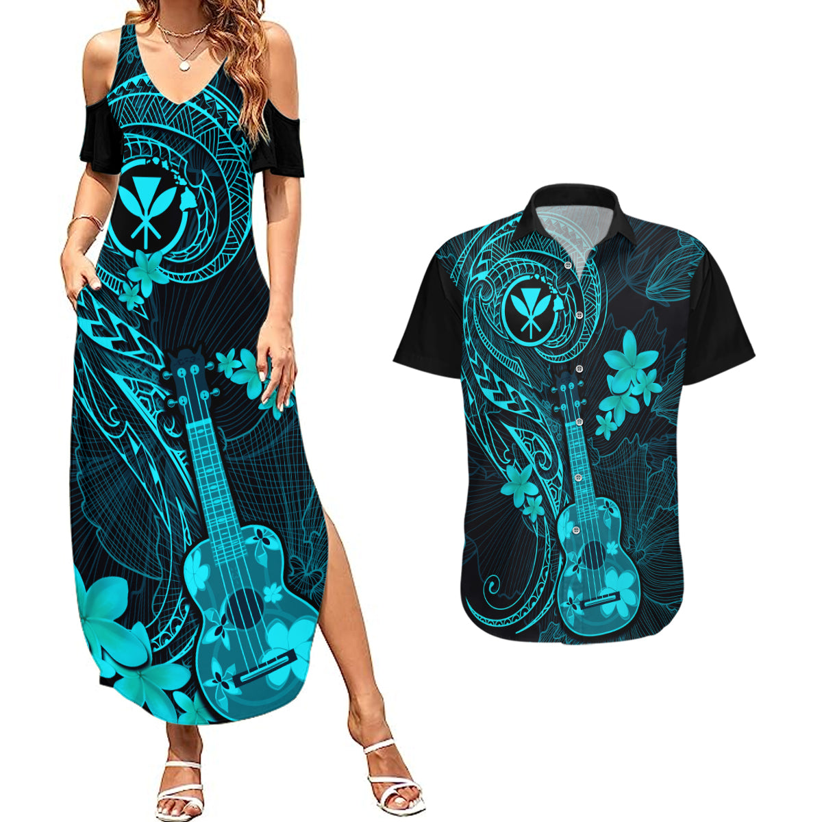 hawaii-couples-matching-summer-maxi-dress-and-hawaiian-shirt-ukulele-mix-polynesian-plumeria-turquoise-version