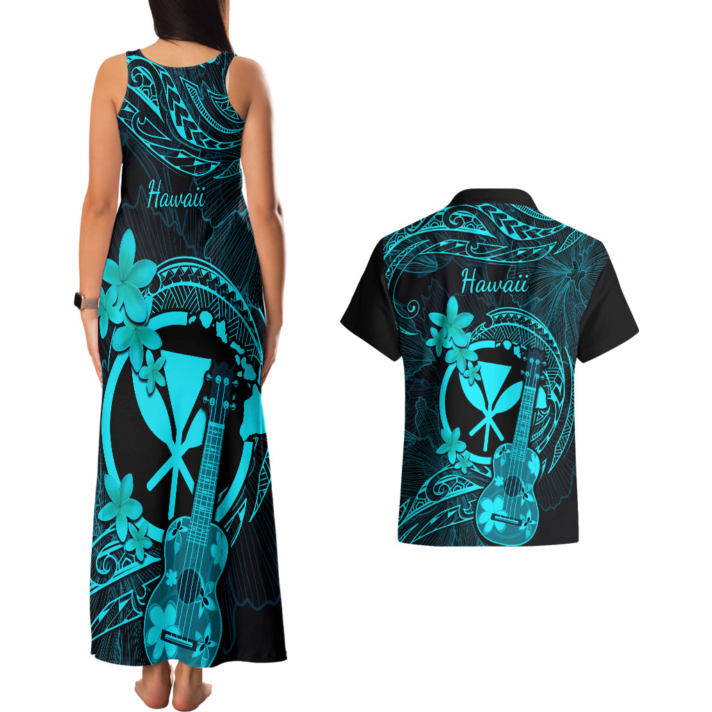 Hawaii Couples Matching Tank Maxi Dress and Hawaiian Shirt Ukulele Mix Polynesian Plumeria Turquoise Version LT14 - Polynesian Pride