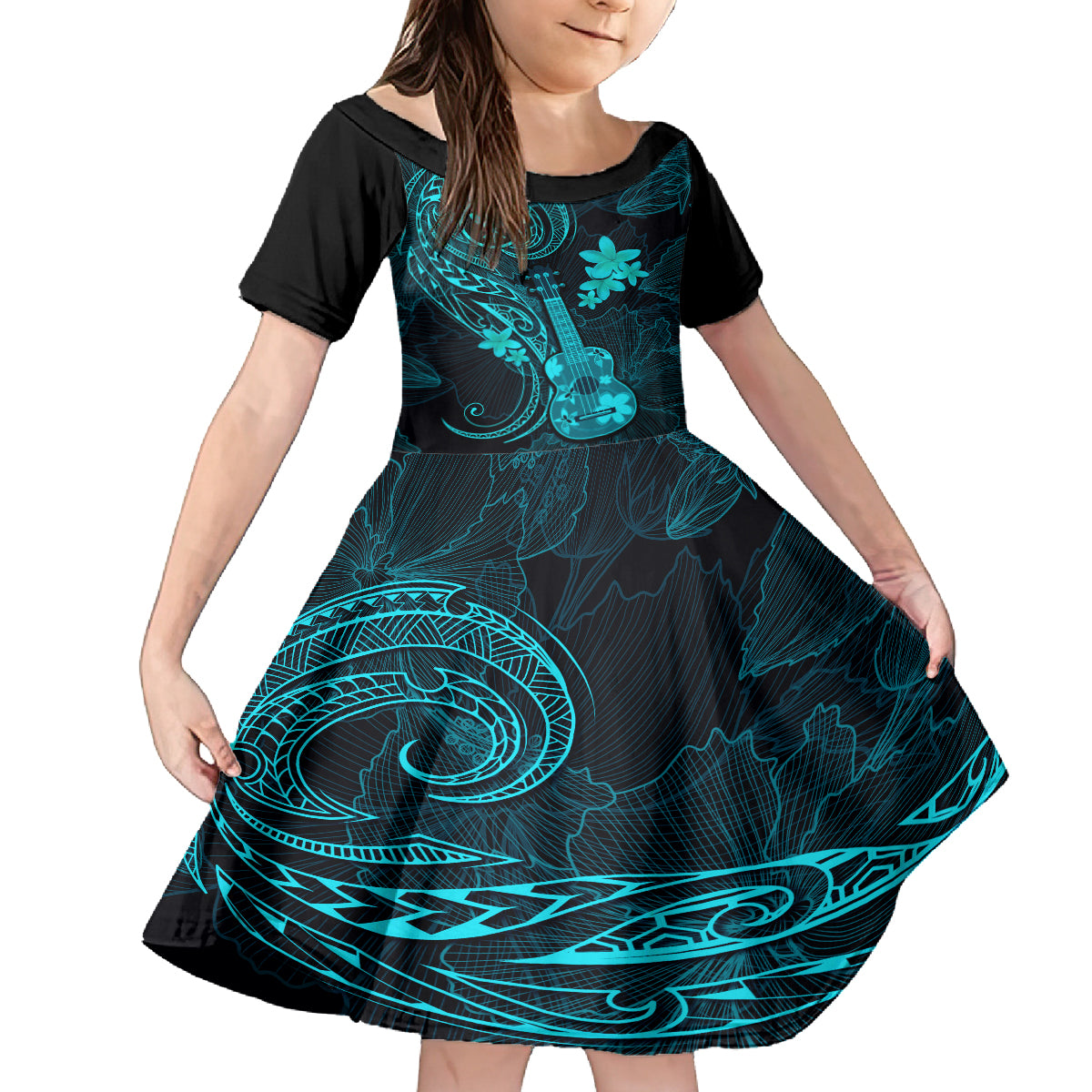 Hawaii Family Matching Off Shoulder Maxi Dress and Hawaiian Shirt Ukulele Mix Polynesian Plumeria Turquoise Version LT14 Daughter's Dress Turquoise - Polynesian Pride