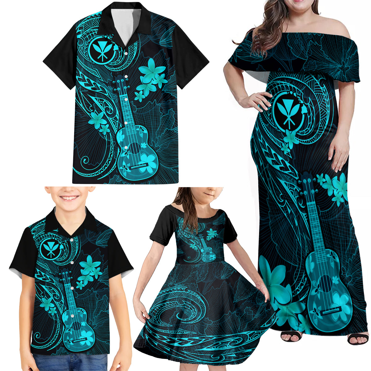 Hawaii Family Matching Off Shoulder Maxi Dress and Hawaiian Shirt Ukulele Mix Polynesian Plumeria Turquoise Version LT14 - Polynesian Pride