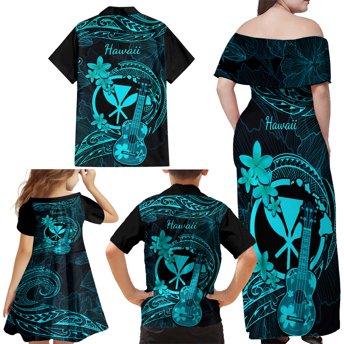 Hawaii Family Matching Off Shoulder Maxi Dress and Hawaiian Shirt Ukulele Mix Polynesian Plumeria Turquoise Version LT14 - Polynesian Pride