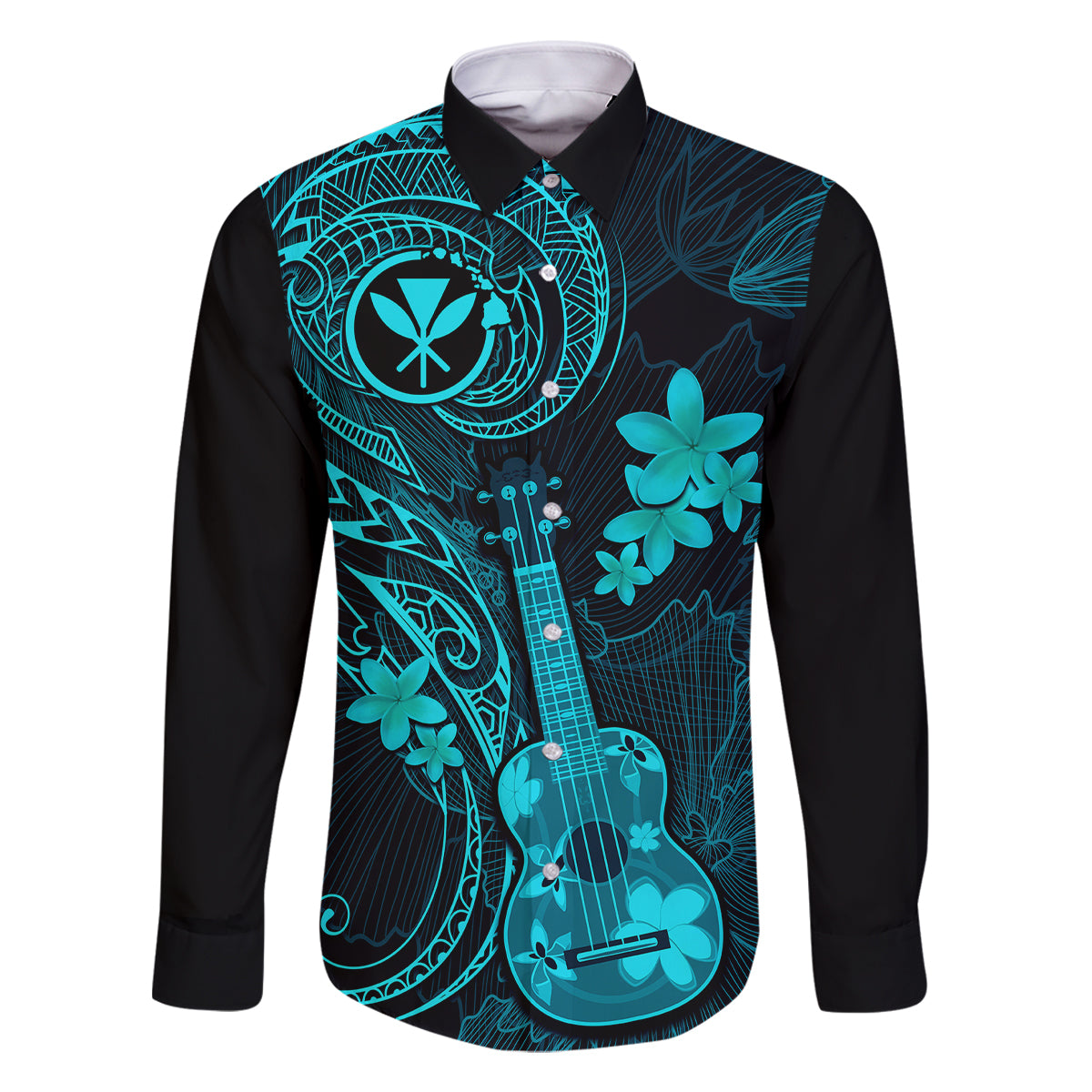 Hawaii Family Matching Off Shoulder Maxi Dress and Hawaiian Shirt Ukulele Mix Polynesian Plumeria Turquoise Version LT14 Dad's Shirt - Long Sleeve Turquoise - Polynesian Pride