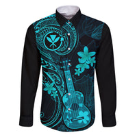 Hawaii Family Matching Off Shoulder Maxi Dress and Hawaiian Shirt Ukulele Mix Polynesian Plumeria Turquoise Version LT14 Dad's Shirt - Long Sleeve Turquoise - Polynesian Pride