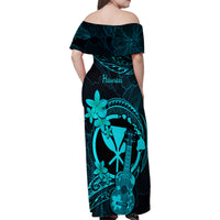 Hawaii Family Matching Off Shoulder Maxi Dress and Hawaiian Shirt Ukulele Mix Polynesian Plumeria Turquoise Version LT14 - Polynesian Pride