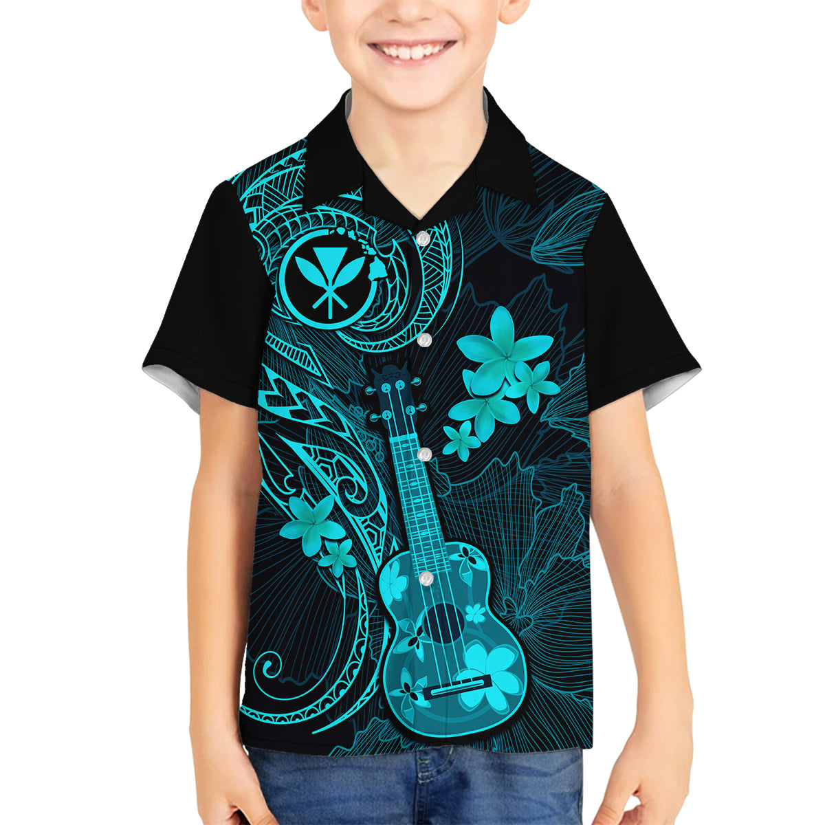 Hawaii Family Matching Off Shoulder Maxi Dress and Hawaiian Shirt Ukulele Mix Polynesian Plumeria Turquoise Version LT14 Son's Shirt Turquoise - Polynesian Pride