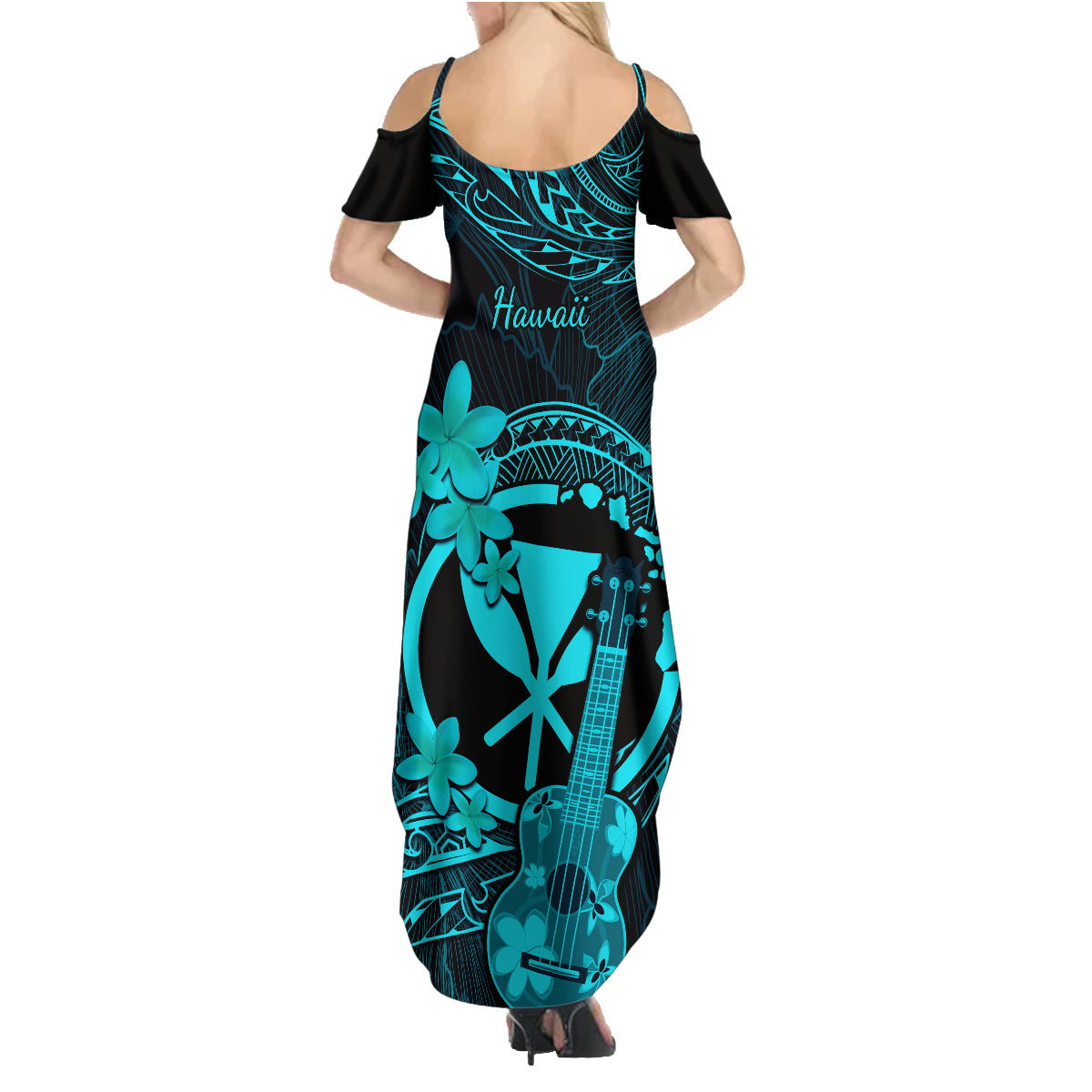 Hawaii Family Matching Summer Maxi Dress and Hawaiian Shirt Ukulele Mix Polynesian Plumeria Turquoise Version LT14 - Polynesian Pride