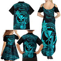 Hawaii Family Matching Summer Maxi Dress and Hawaiian Shirt Ukulele Mix Polynesian Plumeria Turquoise Version LT14 - Polynesian Pride