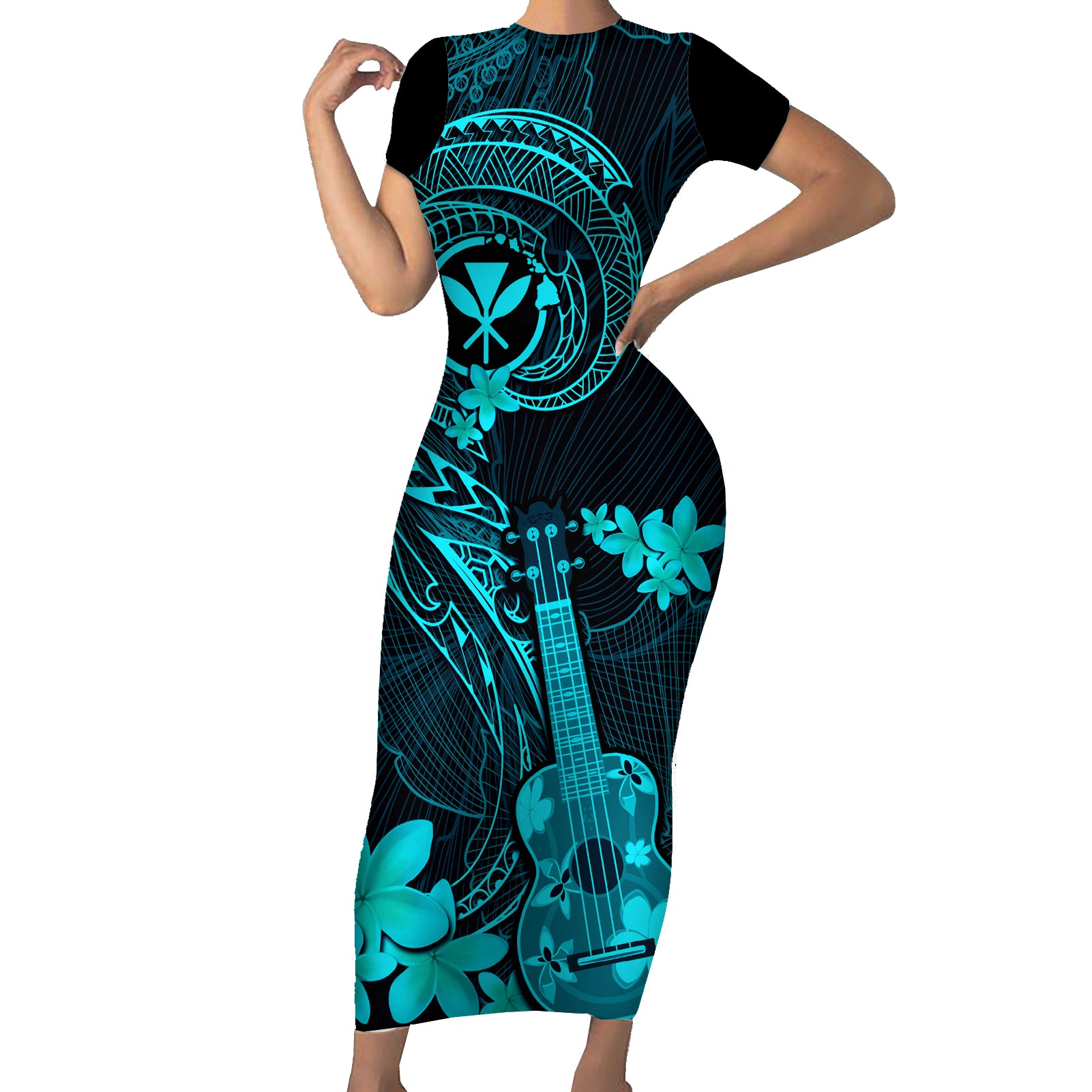 hawaii-short-sleeve-bodycon-dress-ukulele-mix-polynesian-plumeria-turquoise-version