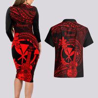 Hawaii Couples Matching Long Sleeve Bodycon Dress and Hawaiian Shirt Ukulele Mix Polynesian Plumeria Red Version LT14 - Polynesian Pride