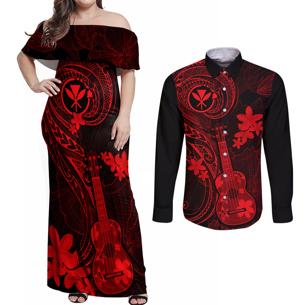 Hawaii Couples Matching Off Shoulder Maxi Dress and Long Sleeve Button Shirts Ukulele Mix Polynesian Plumeria Red Version LT14 Red - Polynesian Pride