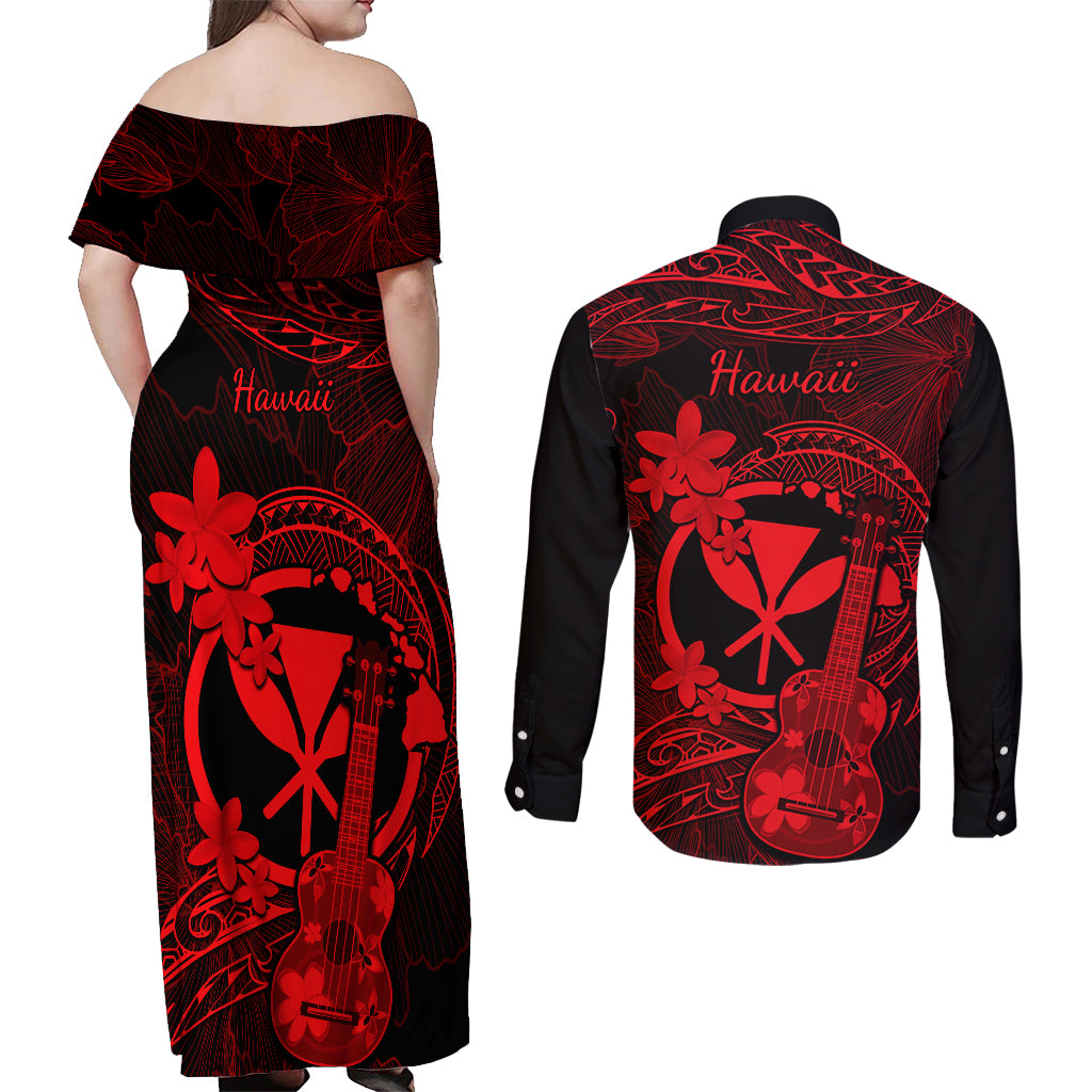 Hawaii Couples Matching Off Shoulder Maxi Dress and Long Sleeve Button Shirts Ukulele Mix Polynesian Plumeria Red Version LT14 - Polynesian Pride